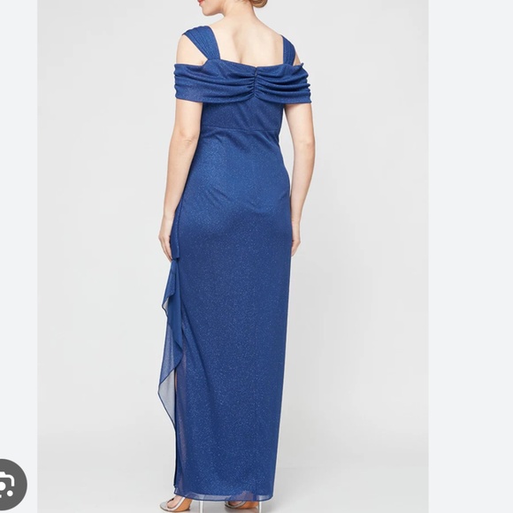 Alex Evening Sz12 Cold Shoulder Glitter Mesh Blue Dress Draped Skirt Cowl Neck - Picture 3 of 16